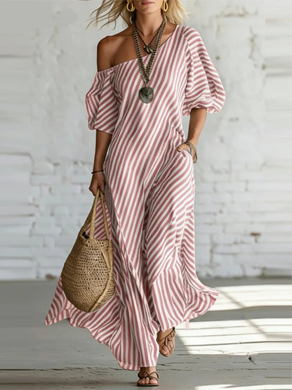 Comfortable daily single shoulder bubble sleeve dress with classic striped print 2026 summer new casual loose long dress