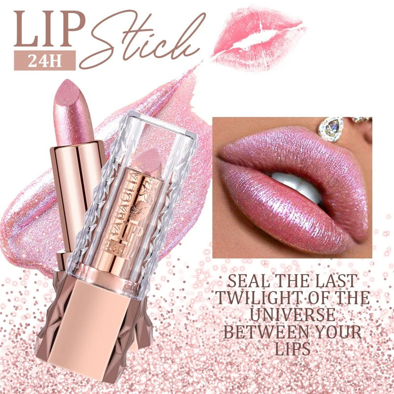 Pink Luxurious Metallic Glitter Lipstick Lasting Waterproof Shimmery Pearl Sparkling Hydrating Lipstick Women Makeup Cosmetic