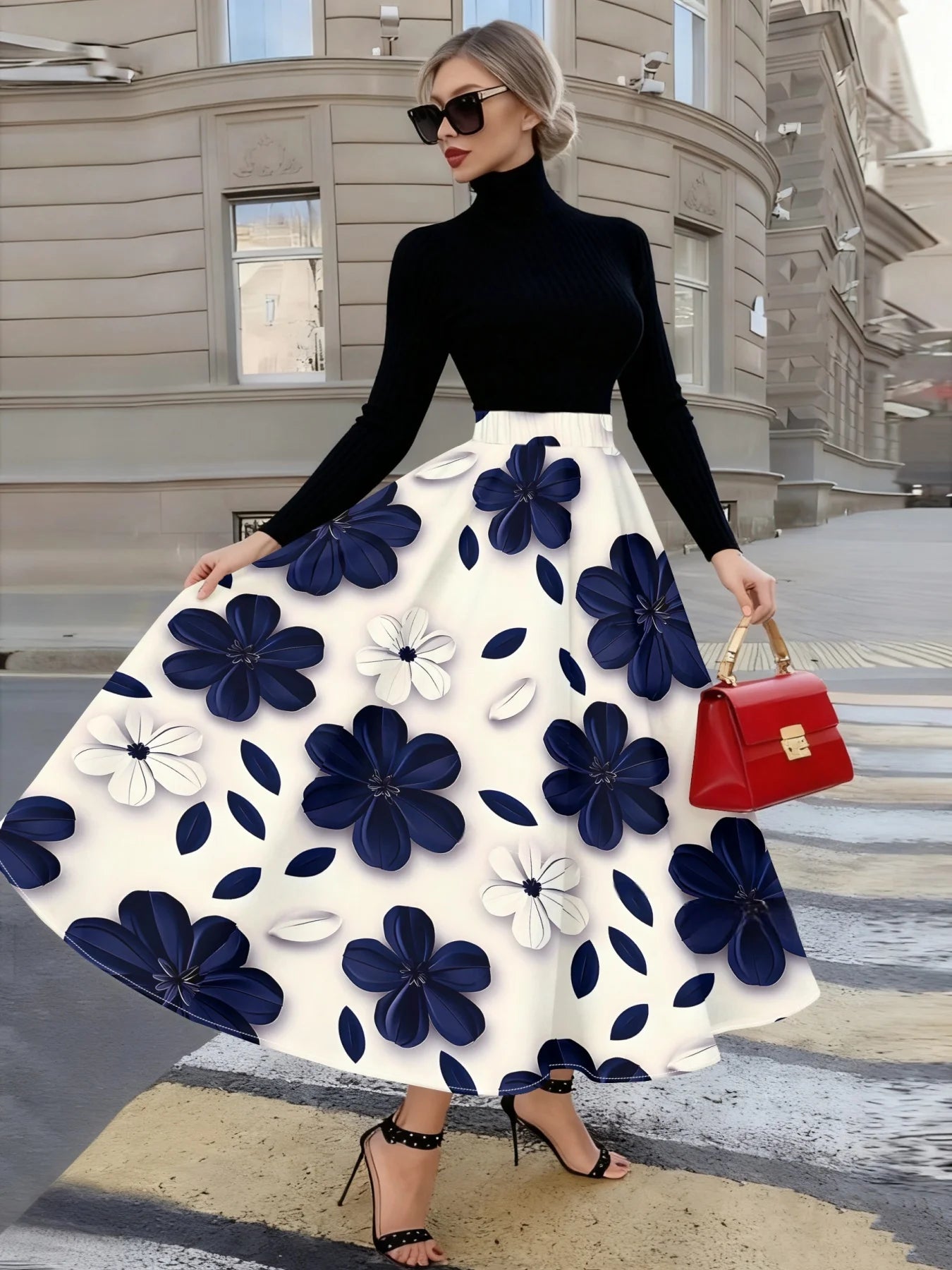 Printed Design suitable for all four seasons Blue White Floral Pattern Print vacation style elegant style Women's Skirt...