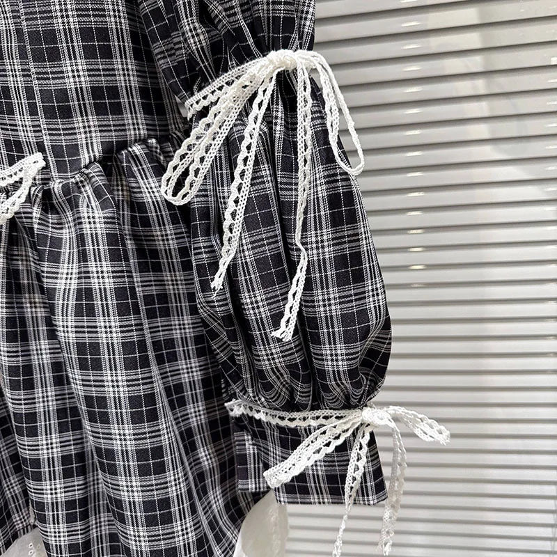 DEAT 2026 Spring New Style Plaid Pattern Bow Tie Long Sleeve Shirt Dresses For Women Contrast Color Sweet Dress Female 11A08637