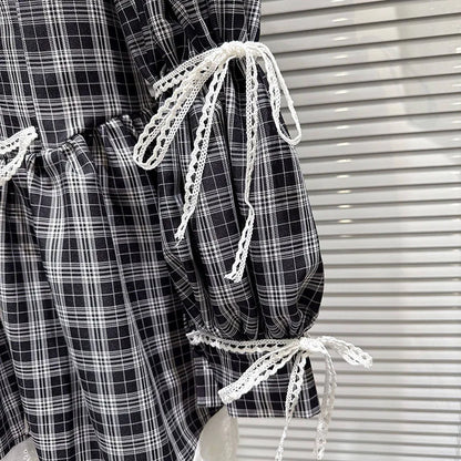 DEAT 2026 Spring New Style Plaid Pattern Bow Tie Long Sleeve Shirt Dresses For Women Contrast Color Sweet Dress Female 11A08637