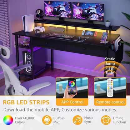 39-Inch Gaming Desk with Shelves, Drawers, Power Outlet & LED Lights for Teens and Adults