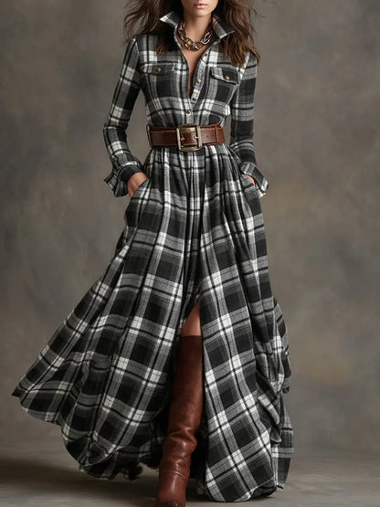 Leisure Grid Printed Long Sleeve Shirts Dress Autumn New Long Sleeve Pocket Dress Elegant Ladies Loose Pleated Commute Dresses
