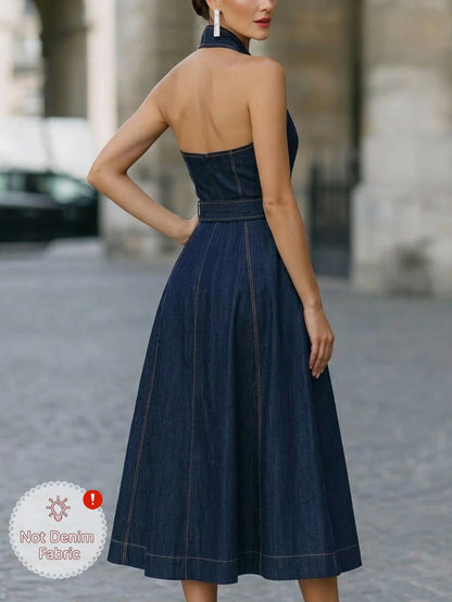 Women's Halter V Neck Midi Dress Sleeveless Stitching Seam Detail A‑Line Swing Mid Calf Dress Fashion Casual Ladies...