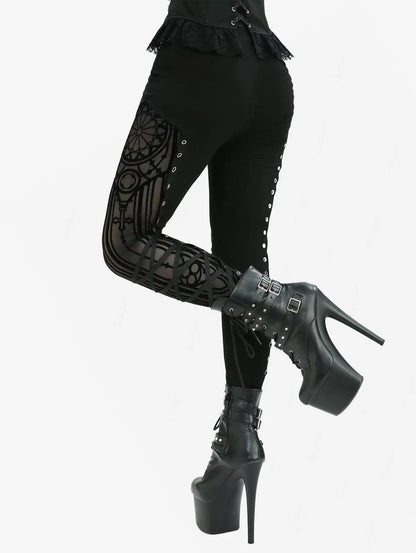 ROSEGAL Gothic Mesh Flocking Patchwork Lace-Up Skinny Pants For Women High Waist Trousers Black Leggings