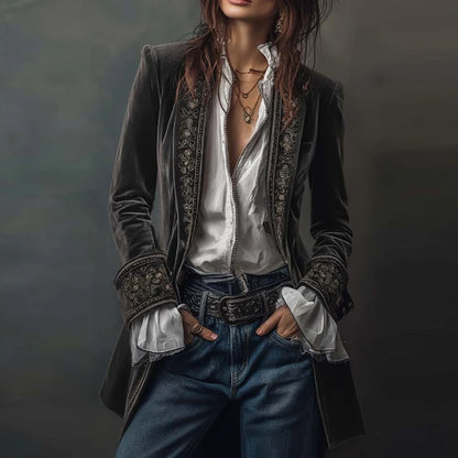 Ethnic Retro Floral Print Velvet Woman Blazer Jacket Sexy Notched Collar Slim Autumn Outerwear Long Sleeve Winter Cardigans Coat