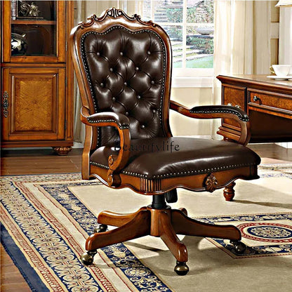 12American Genuine Leather Retro Carved Solid Wood Swivel Chair Office Chair Lift | Kimlud Vintage Luxury Home