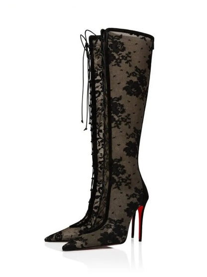 Women Lace Mesh Knee High Boots Pointed Thin Stiletto Heel Lace Up Sexy Evening Party Slim Tall Fashion High Heel Long Boots