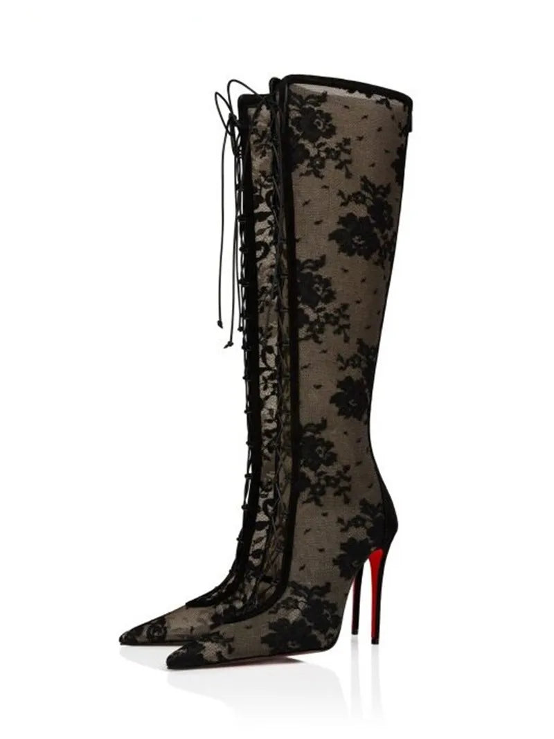Women Lace Mesh Knee High Boots Pointed Thin Stiletto Heel Lace Up Sexy Evening Party Slim Tall Fashion High Heel Long Boots