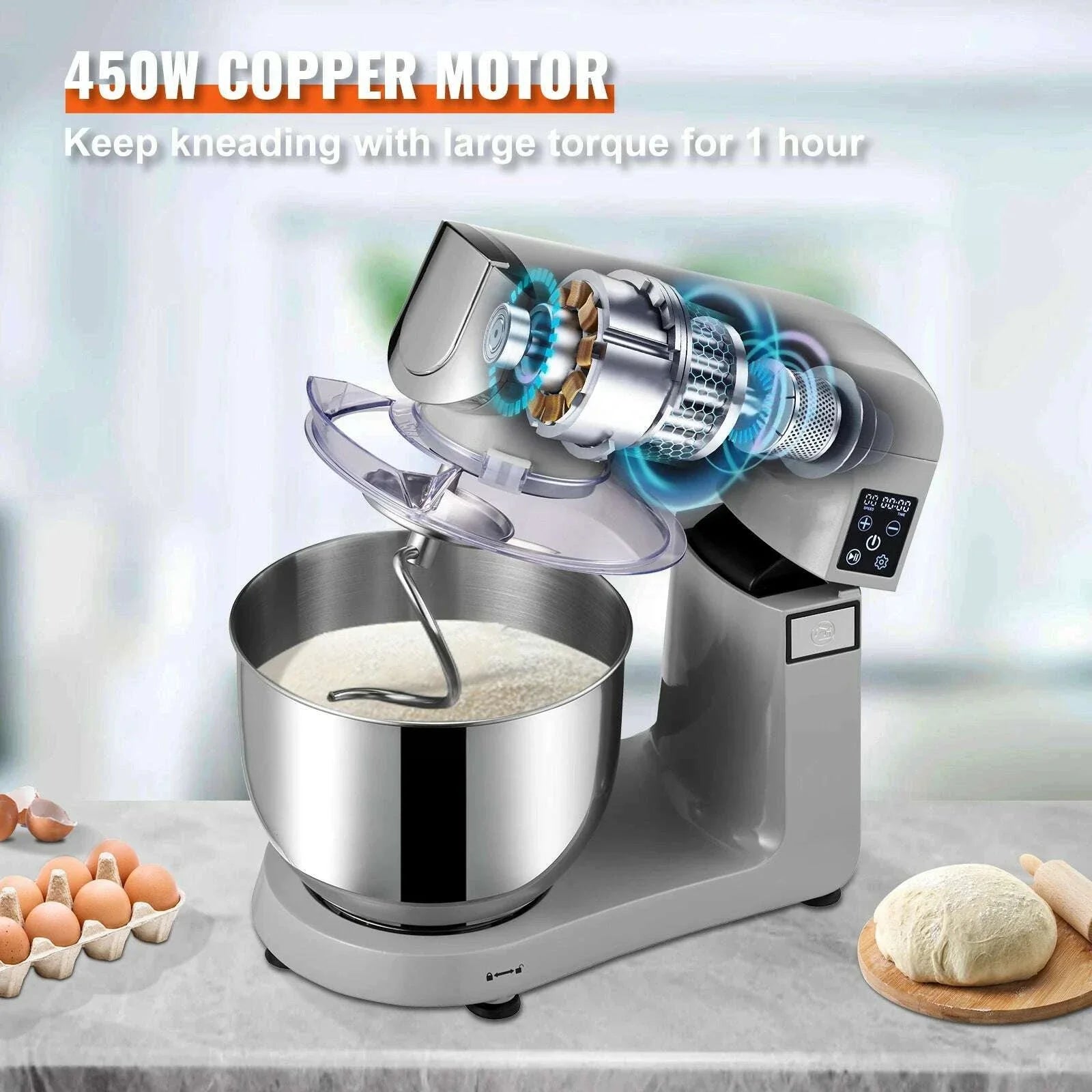 VEVOR 6 IN 1 Stand Mixer 450W Tilt-Head Multifunctional Electric Mixer with 6 Speeds LCD Screen Timing 7.4Qt Stainless Bowl