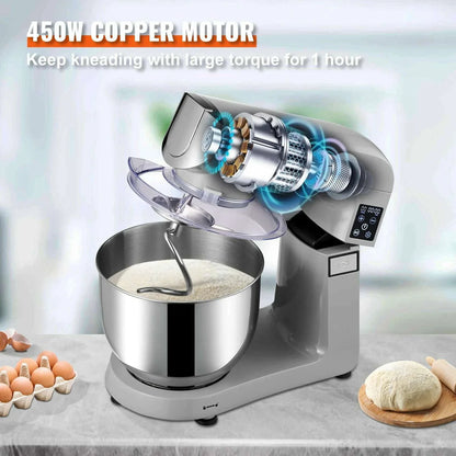 VEVOR 6 IN 1 Stand Mixer 450W Tilt-Head Multifunctional Electric Mixer with 6 Speeds LCD Screen Timing 7.4Qt Stainless Bowl