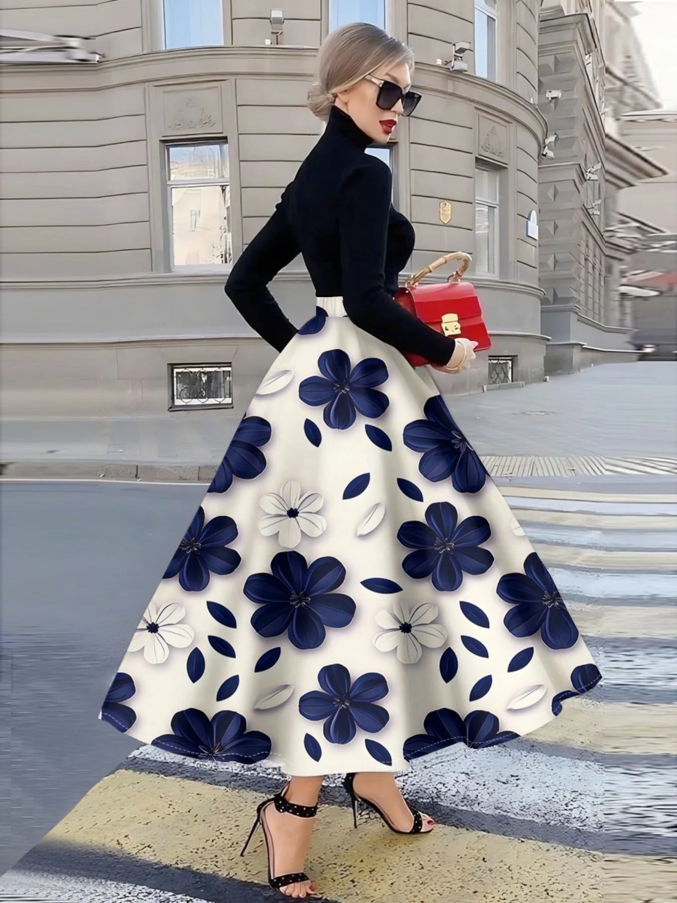 Printed Design suitable for all four seasons Blue White Floral Pattern Print vacation style elegant style Women's Skirt...