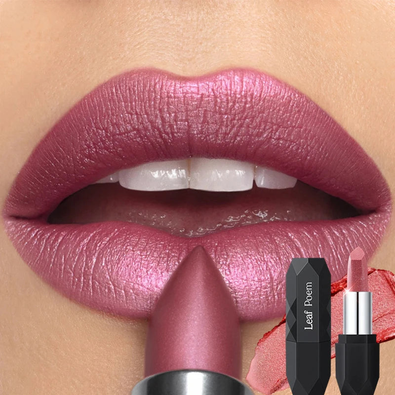 Nude Pink Pearlescent Glitter Matte Lipstick Metallic Waterproof Long Lasting Rose Pink Shimmer Diamond Lipstick Makeup...