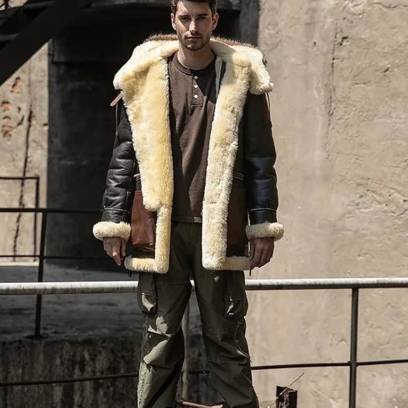 Winter Men Original Fur Coat Mid-length Thickened Sheepskin Leather Coat Bomber Hooded Wool Lining Warm Snow Men's Clothing