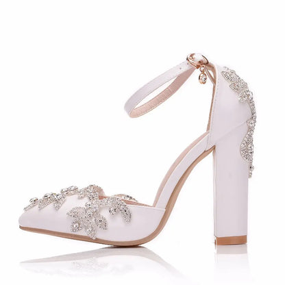 Summer Brand Women Sandals Party Flower Rhinestone Cover Heel 10.5 CM Square Heel Lady Wedding Hot Sale Lovely Women Shoe - Kimlud