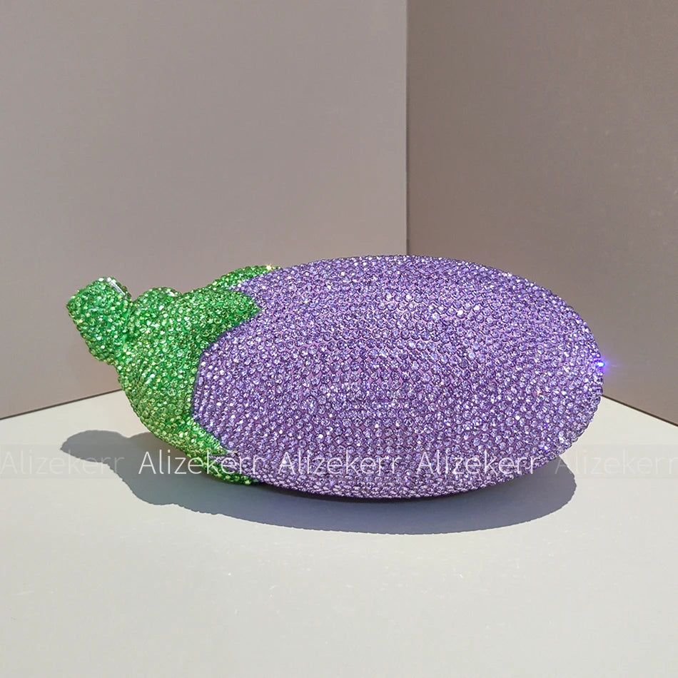 Alizekerr Eggplant Shaped Diamond Evening Bags Women Gorgeous Metallic Rhinestone Purses Ladies Unique Handbags Wedding Party - Kimlud