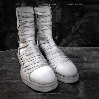 White Retro Classic Cross Strap Thick Soled High Top Boots for Men Handmade Old Motorcycle Boots Back Zipper Mid Calf Boot