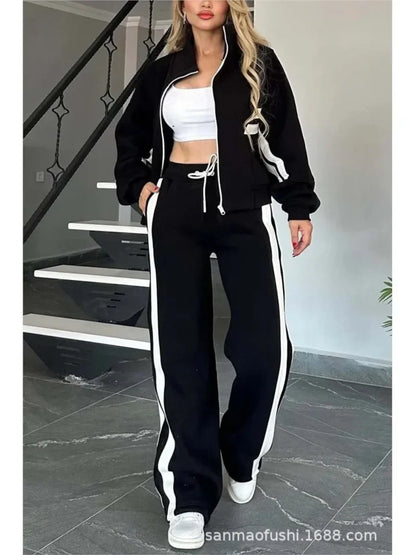 Y2K Striped Zipper Coat+sweatpants Two Piece Set Women Casual Batwing Sleeve Sports Outfits Autumn Winter Sweatshirt Suit