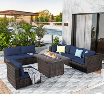 7 Pieces Outdoor Sectional Patio Furniture Set with Fire Pit Table PE Rattan Wicker Patio Sectional Conversation,...