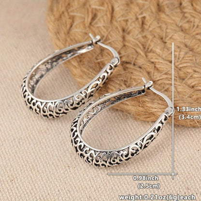Retro Hollow Floral Carved U-Shaped Earrings Silver Plated  Fashion Hoop Earrings Jewelry For Women Daily Party Banquet