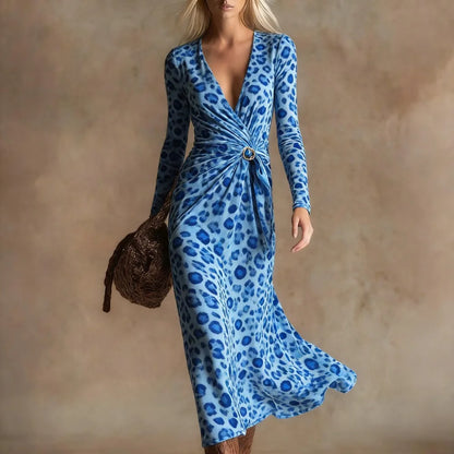 Sexy Leopard Print Velvet Maxi Dress Women Long Sleeve V Neck Twist Front Elegant Cocktail Party Dress Vacation Evening Dress