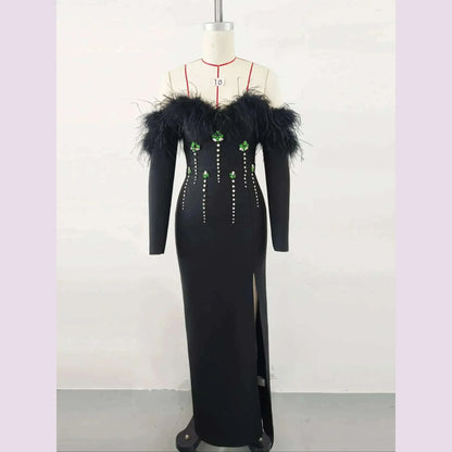 New Women Sexy Long Sleeve Feather Crystal Diamonds Black Knitted Long Bandage Dress Cut Out Elegant Evening Club Party Dress