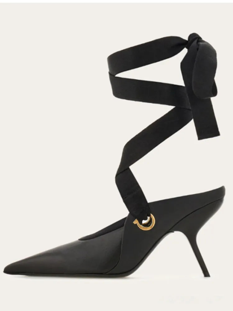 2025 Summer Women's Stiletto Ballet Sandals with Pointed Ankle Ribbons, Fashion Party Dance Shoes, Women's Large Fashion Sandals - Kimlud