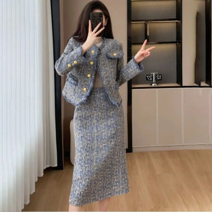 2025 Spring Autumn New Tweed Suit Skirt Women's Fashion Loose Sweet Single-Breasted Casual Chic Jacket Two-Piece Sets