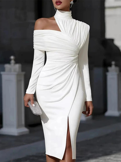 Elegant Hight Waist Draped Bodycon Dresses Fashion High Collar Split Midi Dress Women Casual Long Sleeve Solid Slim...