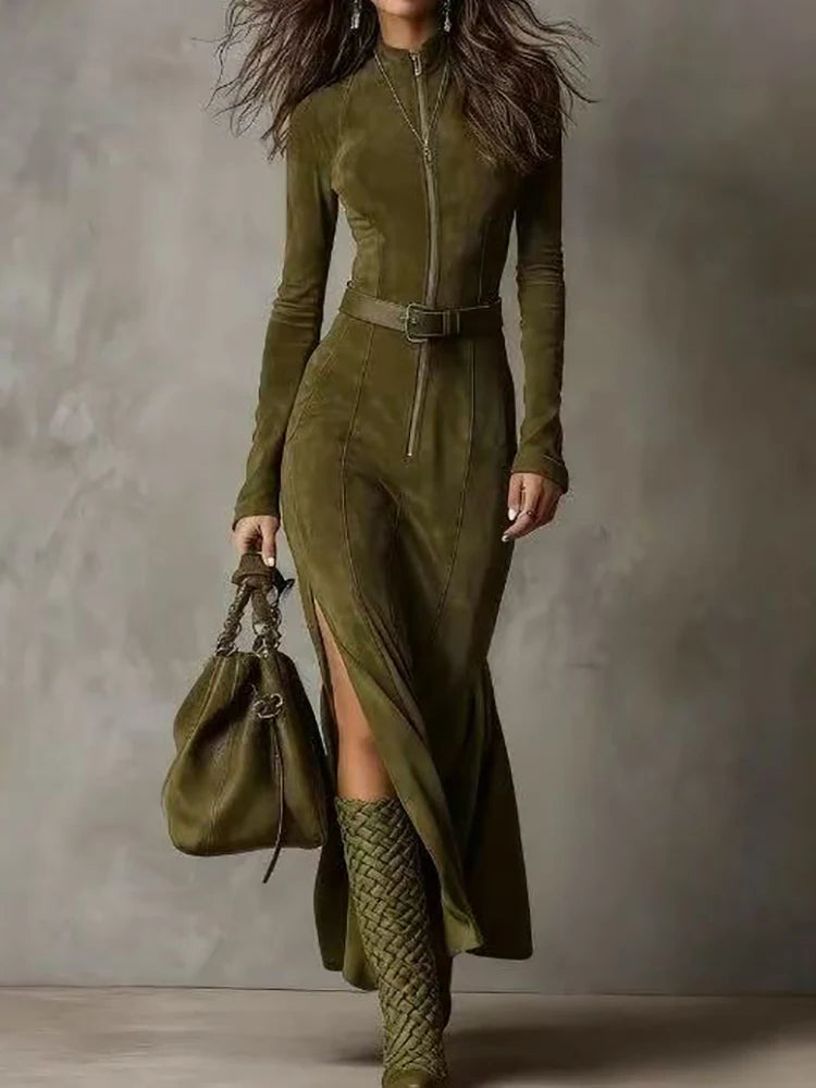 Stand Collar Zipper Patchwork Maxi Dress, Spring Autumn Women Long Sleeve Chic Party Dress, Elegant Simple Ladies Dress Vestidos