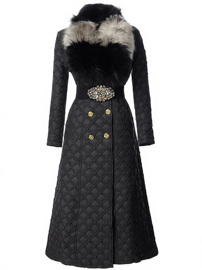 DSXDFACAIRIJ Women Color Blocking Fur Collar Long Sleeves Lace-Up High Street Double Breasted Geometric Outerwear Winter...