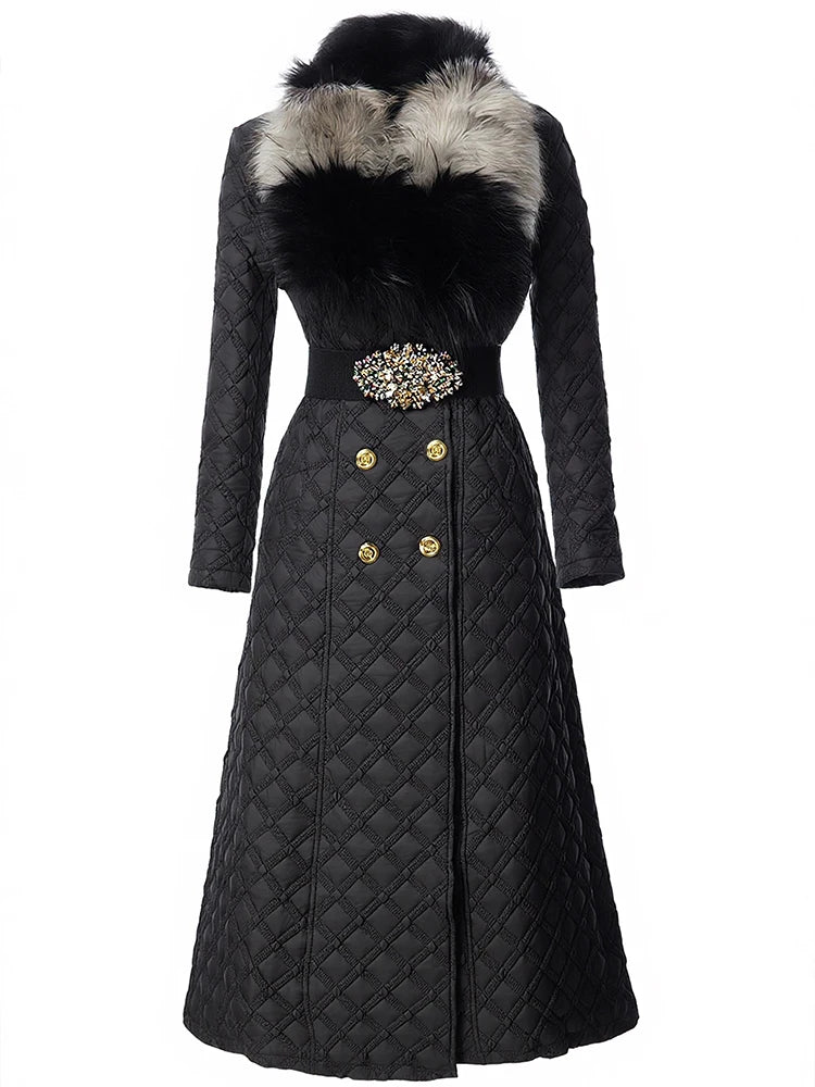 DSXDFACAIRIJ Women Color Blocking Fur Collar Long Sleeves Lace-Up High Street Double Breasted Geometric Outerwear Winter...