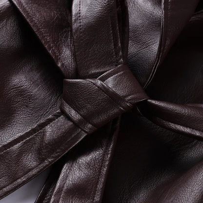 Vintage Pu Leather Belted Jackets Women's Slim Full Sleeve Lapel Short Overcoat 2025 New Autumn Winter Ladies Solid Streetwear