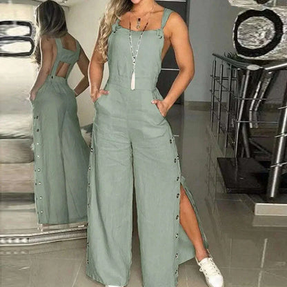 Women's Sleeveless Wide Leg Jumpsuit with Side Pockets And Button Solid Color Loose Straight-Leg Romper for Women Summer Outfit