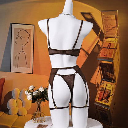 Ellolace Elegant Lingeries Sexy Hot Exclusive Coffee Bra Belt Thong 3PC with Leg Circles Cute Intimate Lace Tempted Tipsy Set