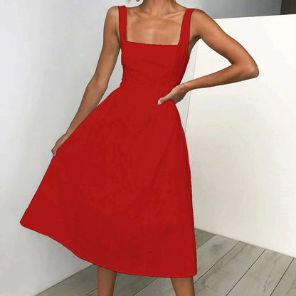Sexy Square Neck Solid Color Midi Dress Spaghetti Straps Sleeveless Summer Loose Dress Elegant Party Dresses For Women платье