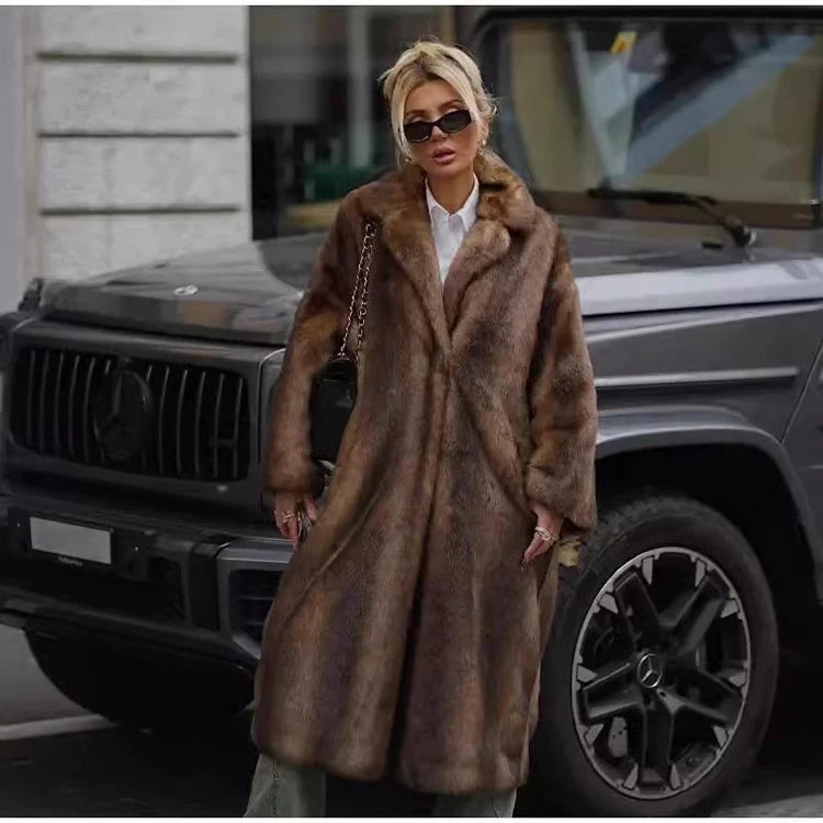New women's autumn-winter fur coat imitation mink coat women's long whole mink mink fur suit collar casual