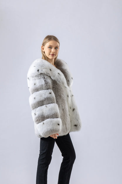 Sweet real fox fur coat with big turn down collar lynx color overcoat thick warm soft jacket length 64 cm 250461