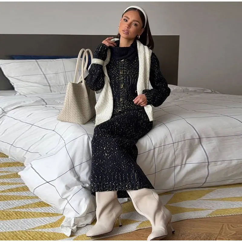 Fashion Knitted Long Skirts Sets Women Lapel Full Sleeve Single Breasted Sweater Hip Package Slim Skirt 2026 Spring Lady Outfits