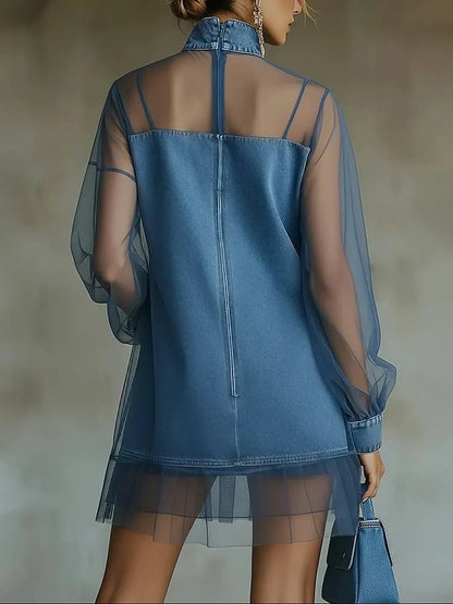 Denim Mini Dress For Women Fashion Turtleneck Tulle Denim Patchwork Long Sleeve See Through Loose Party Dresses Femme Vestidos - Kimlud