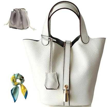 Genuine Leather Bucket Bag for Women: Lock Design Shoulder Handbag Versatile Top-Handle Tote Fashionable Vegetable Basket