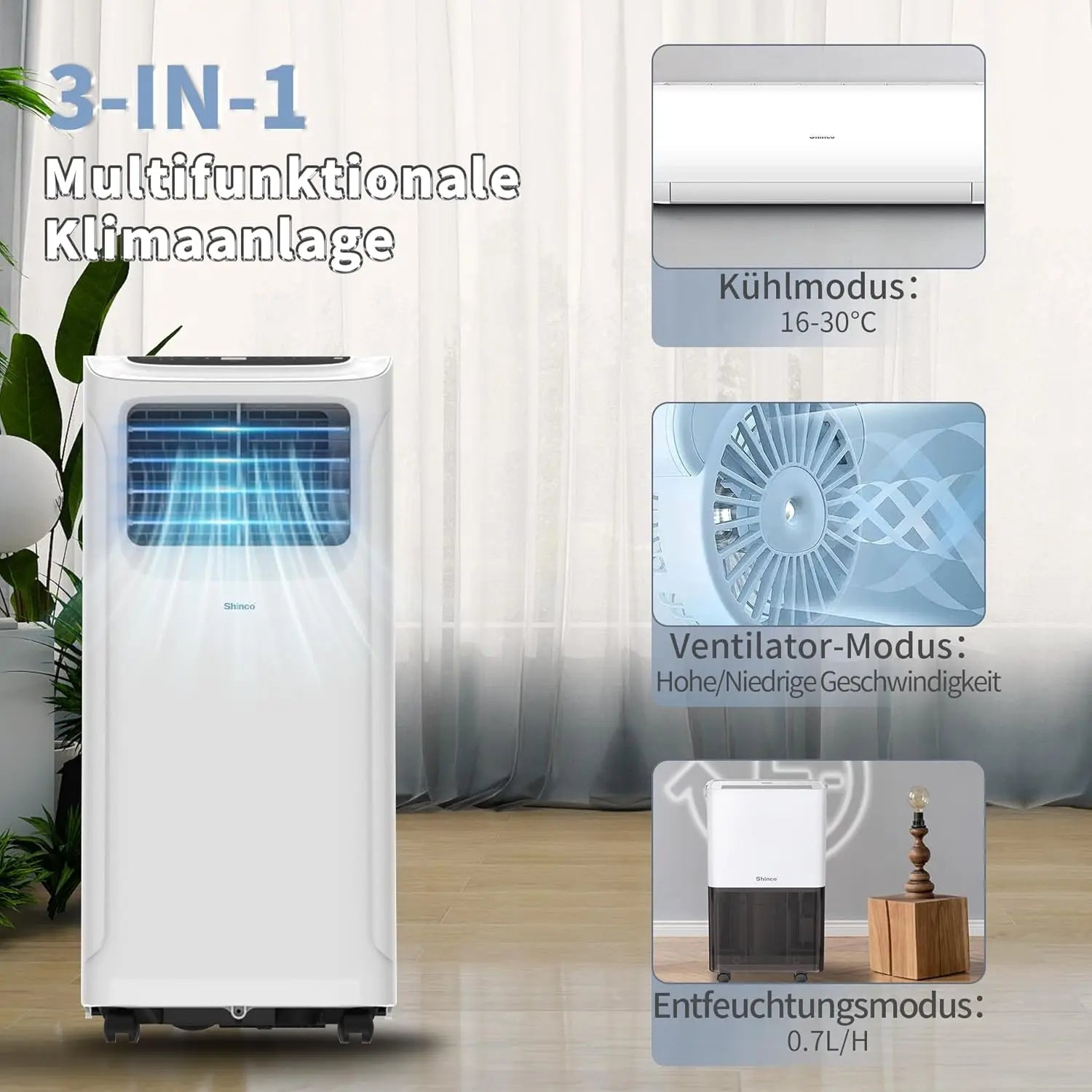 Shinco Mobile Air Conditioner, 7000 BTU, 2.05 kW, 3-in-1 Air Conditioning, Cooling & Ventilating & Dehumidifying, Mobile...