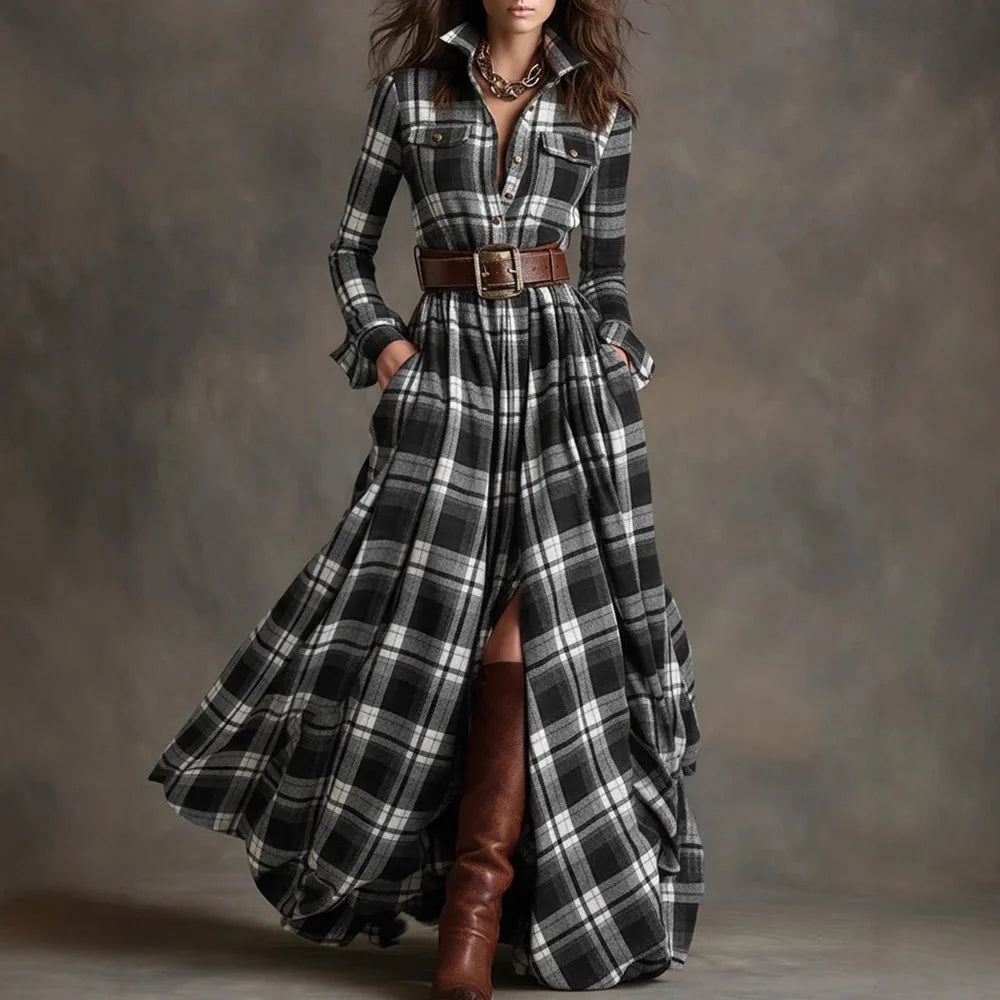 Plaid with Belt Retro Long Dress Lapel Button Irregular A Line Skirts Long Sleeve Casual Women's Dresses Autumn Elegant Clothes