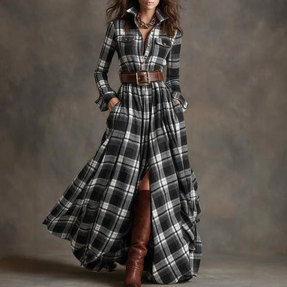 Plaid with Belt Retro Long Dress Lapel Button Irregular A Line Skirts Long Sleeve Casual Women's Dresses Autumn Elegant Clothes