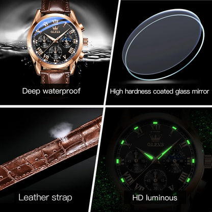 OLEVS 2871 Men Watch Original Brand Quartz Watch Multifunctional Chronograph Watch For Man Waterproof Luminous Moon Phase Watch - Kimlud