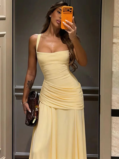 Ofherown 2026 Yellow Spaghetti Strap Evening Dress Prom Gown A-Line Formal Party Dress With Ruched Waist & Lace-Up Back