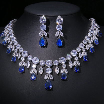 Emmaya Zircons Bling Square Drop Dark Blue Cubic Zircon Necklace and Earrings Women Party Jewelry Set for Wedding Brides