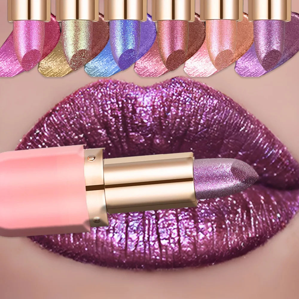 7-Color Aurora Chameleon Metallic Lip Stick High Shine Long-Lasting Diamond Blue Purple Lip Gloss for Halloween & Stage Makeup - Kimlud