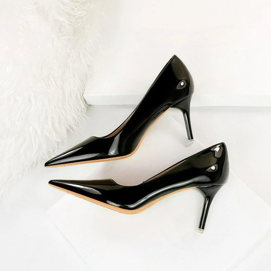 Fashion Women's High Heels Shallow Pumps Simple Office Shoes Pointed Toe Ladies Wedding Shoes Sexy Painted Leather Women Shoes