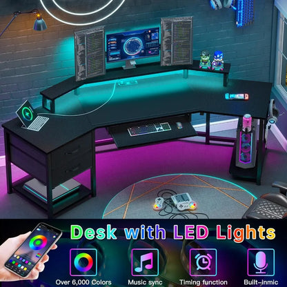 79" Gaming Desk, Computer Desk with 2 Fabric Drawers & LED Light, L Shaped Gaming Desk with Storage Shelf for Home Office